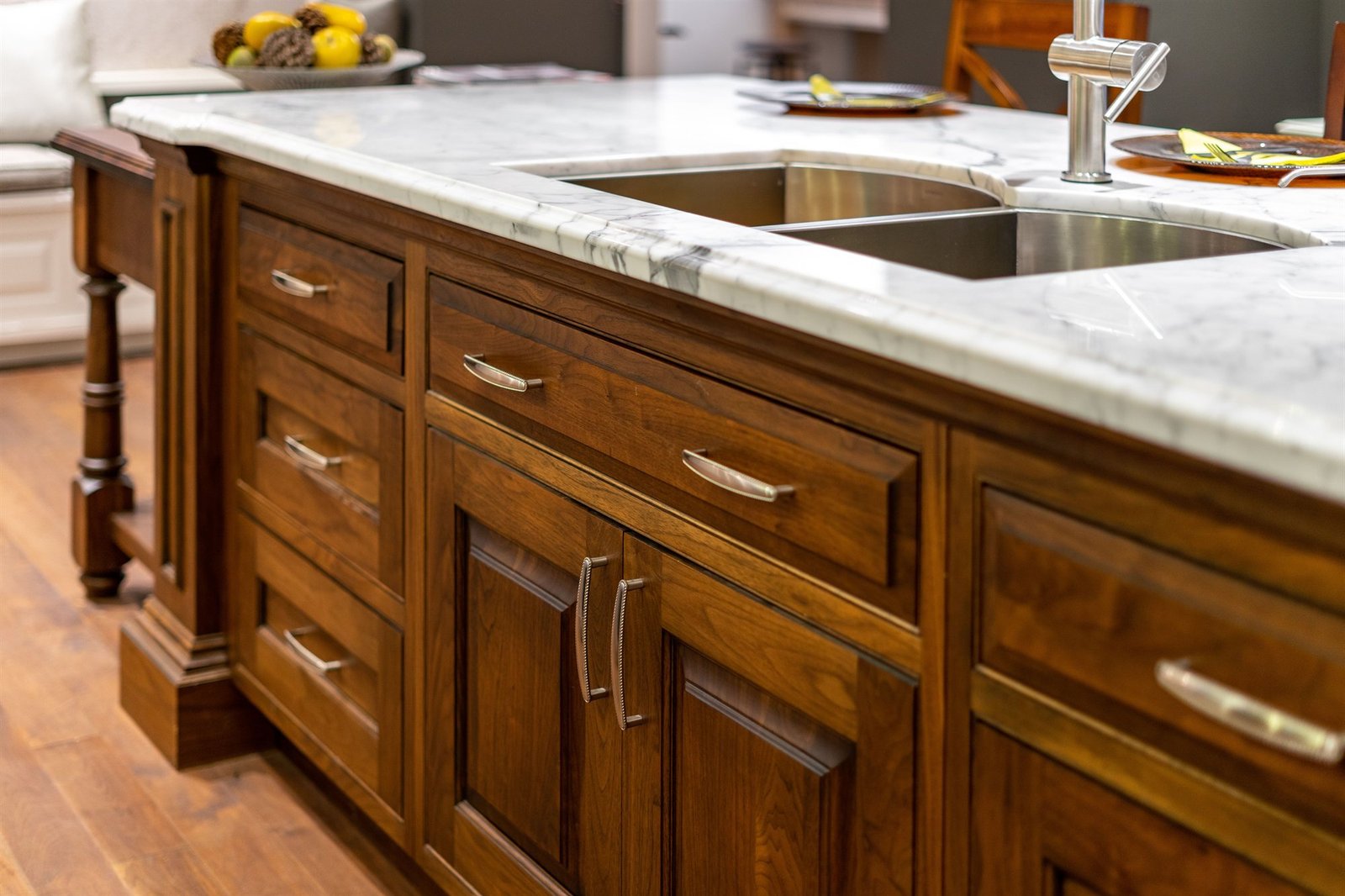 Bespoke luxury kitchen island with marble countertop and custom cabinetry